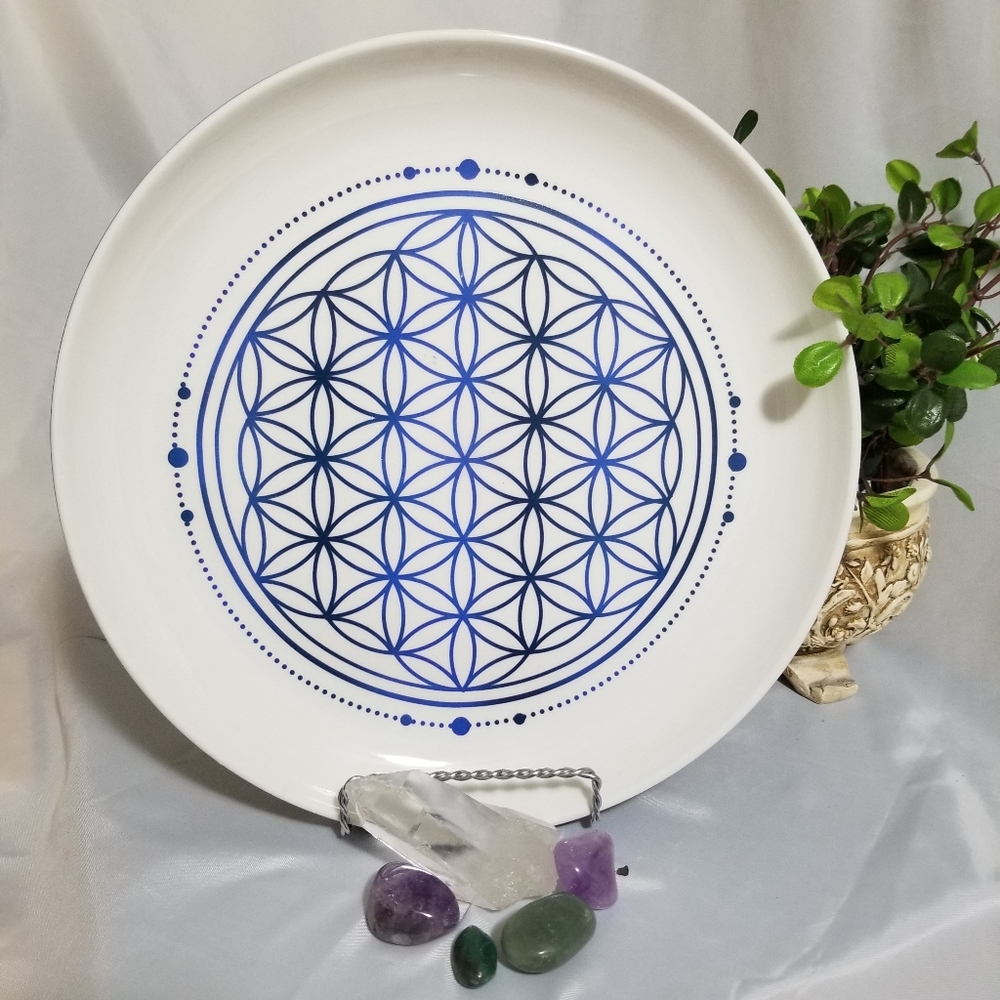 Blue Flower of Life Ceramic Crystal Grid White and Blue 10.5"